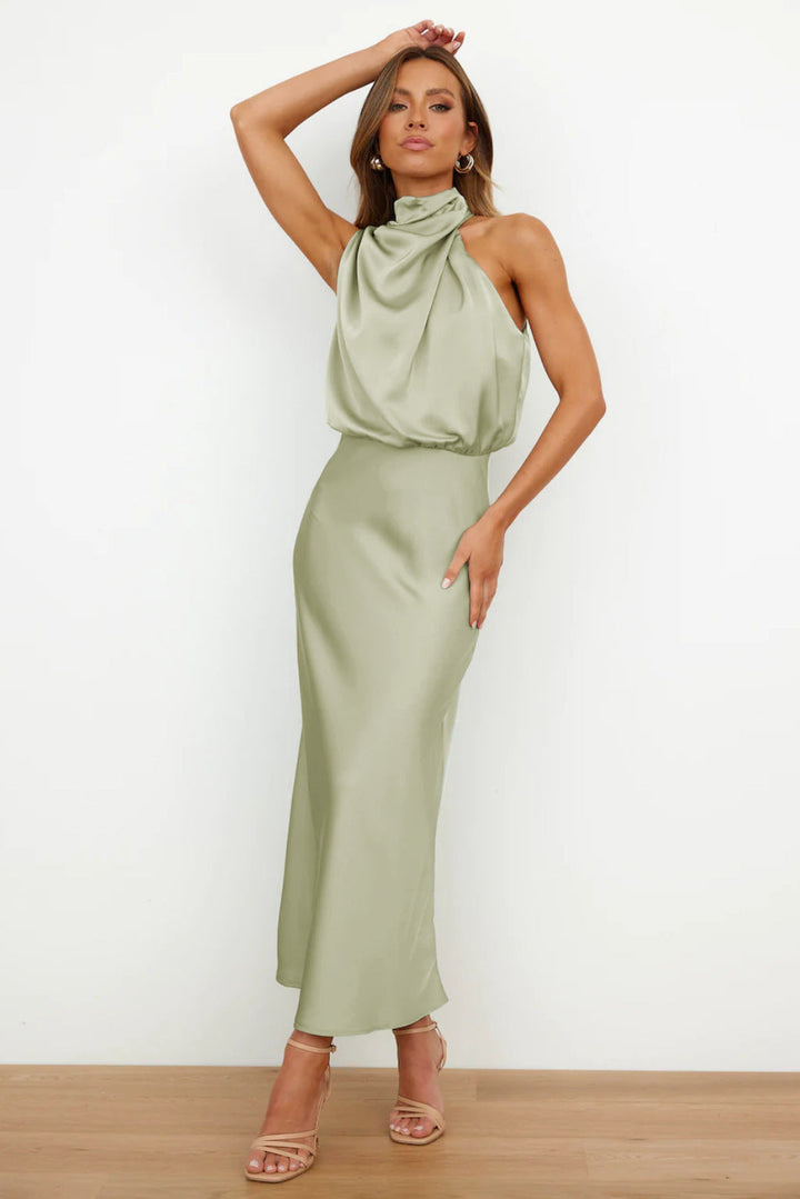 Valeria™ | Long Satin Dress With American Neckline