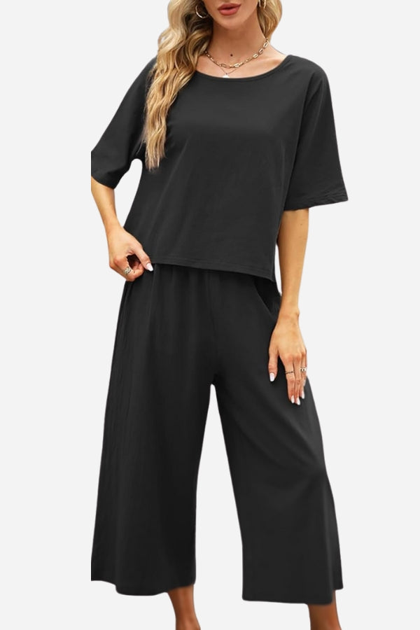 Isla - Loose Solid Color Short Sleeves Two-Piece Set